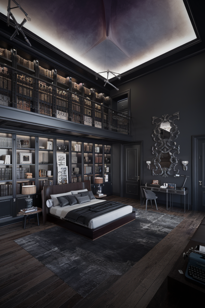 an eclectic maximalist bedroom with dark academia style