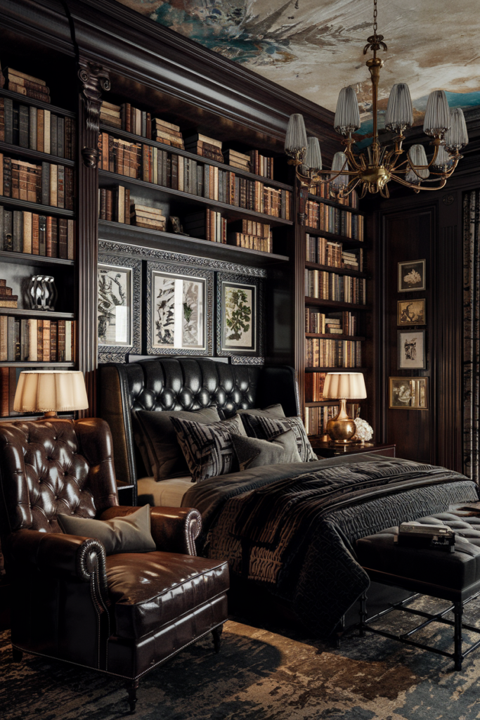 an eclectic maximalist bedroom with dark academia style