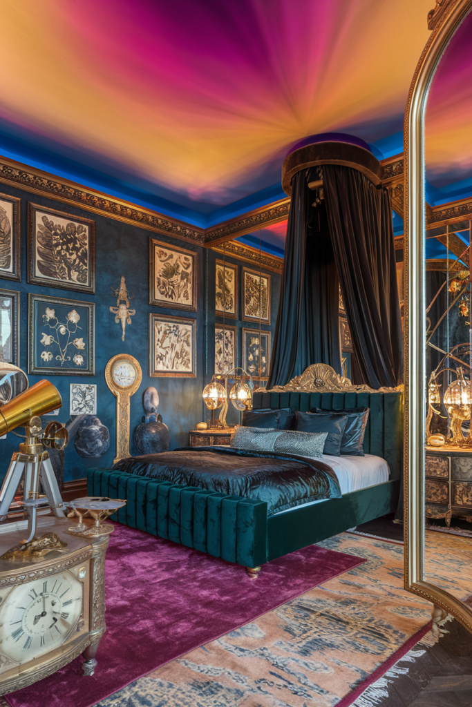 an eclectic maximalist bedroom with dark academia style