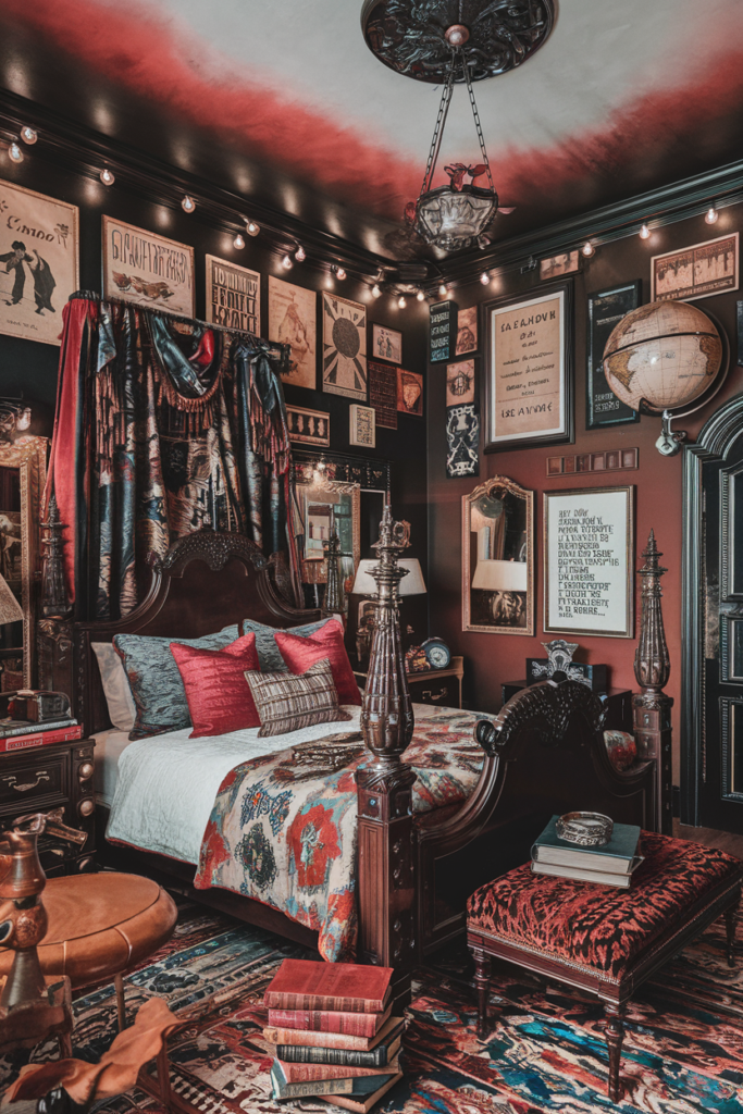 an eclectic maxiamlist bedroom with gothic western infusion