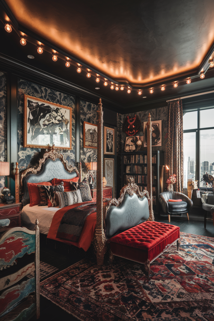 an eclectic maximalist bedroom with gothic western inspiration