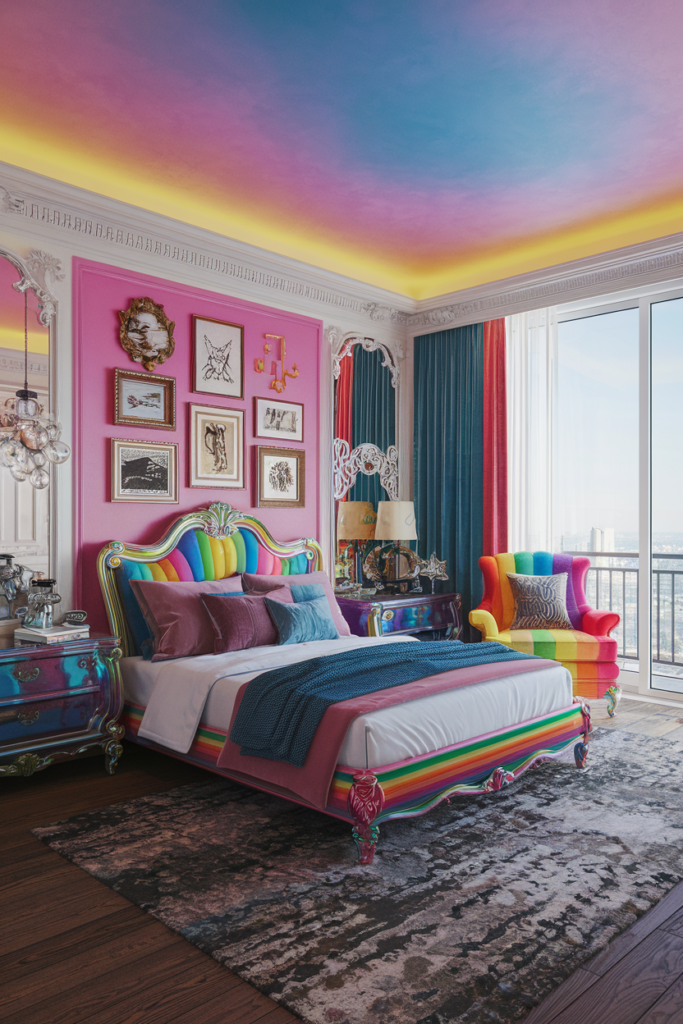 an eclectic maximalist bedroom with rainbow color palette
