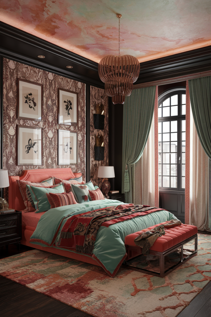 an eclectic maximalist bedroom with chinese and mediteranean styles 