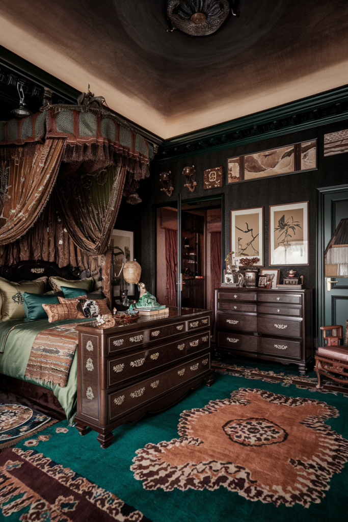 an eclectic maximalist bedroom with chinese and mediteranean styles 