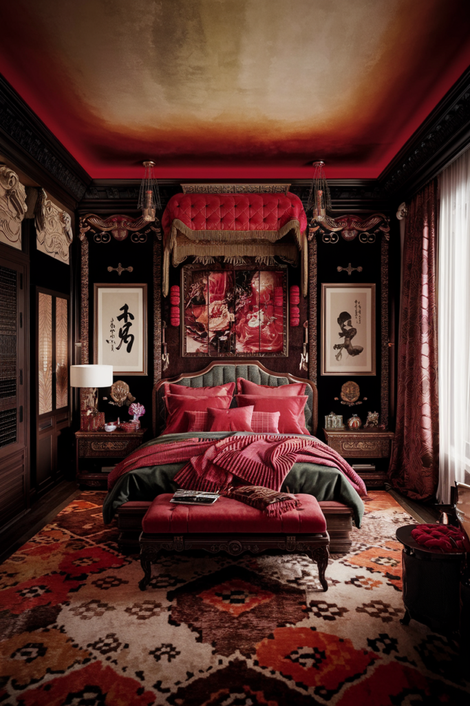 an eclectic maximalist bedroom with chinese and mediteranean styles 