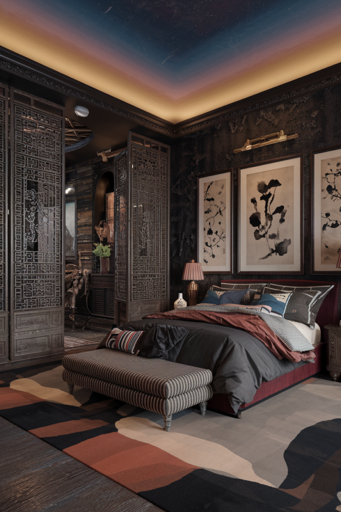an eclectic maximalist bedroom with chinese and mediteranean styles 