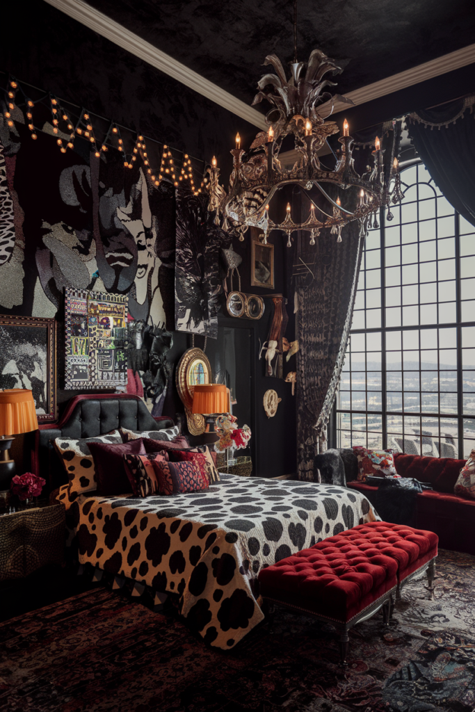 an eclectic maximalist bedroom with gothic western inspiration