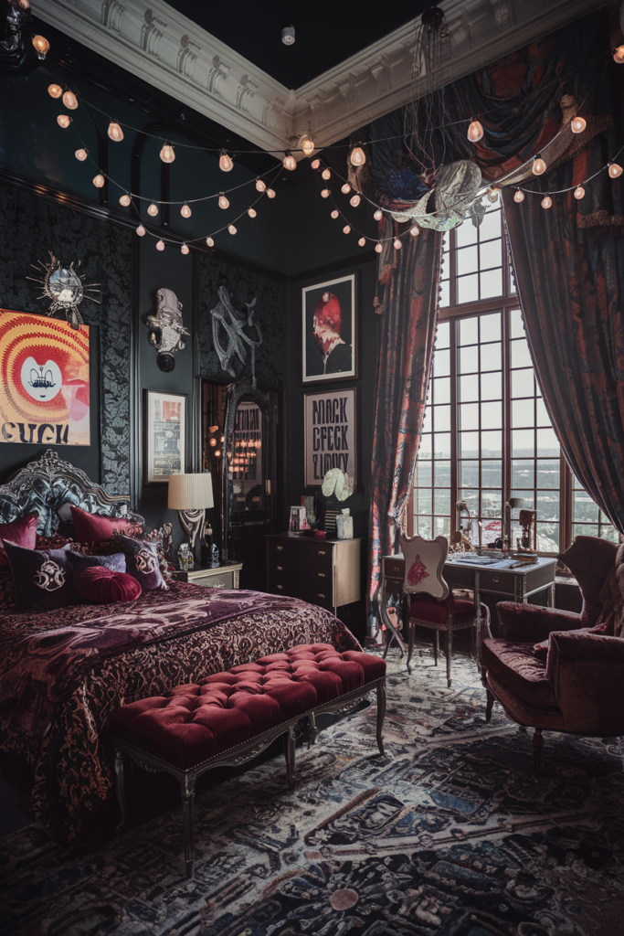 an eclectic maximalist bedroom with gothic western inspiration