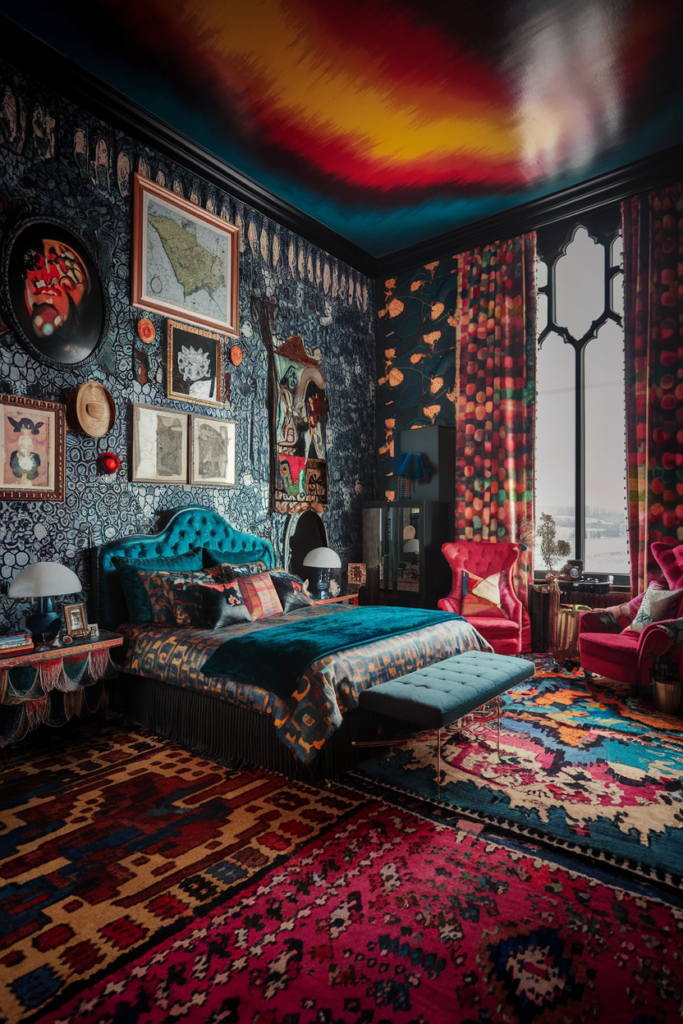 an eclectic maximalist bedroom with gothic western inspiration