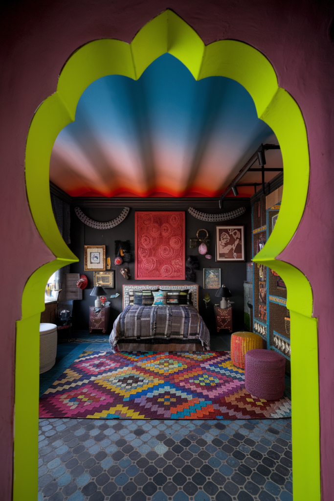 an eclectic maximalist bedroom 