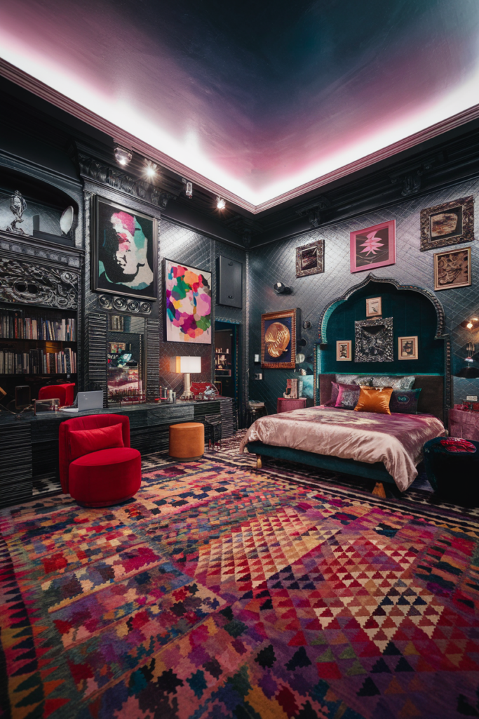 an eclectic maximalist bedroom