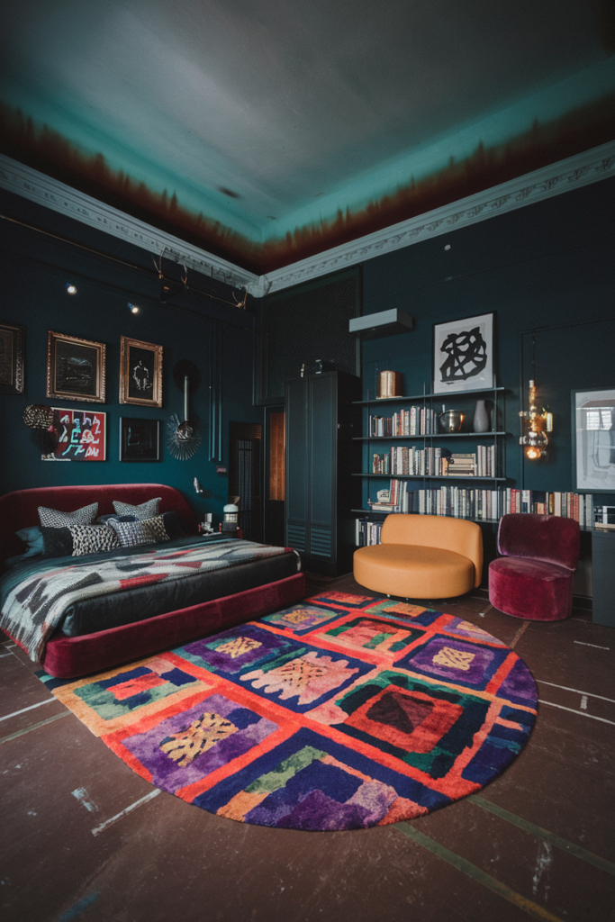 an eclectic maximalist bedroom