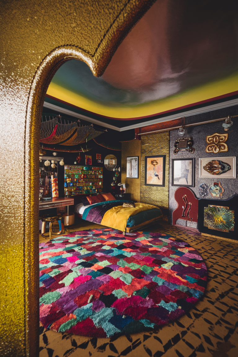 an eclectic maximalist bedroom