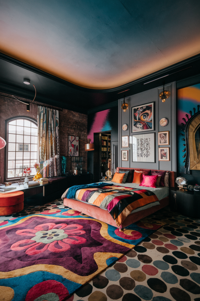 an eclectic maximalist bedroom