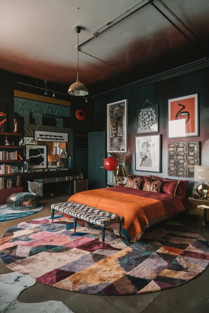 an eclectic maximalist bedroom