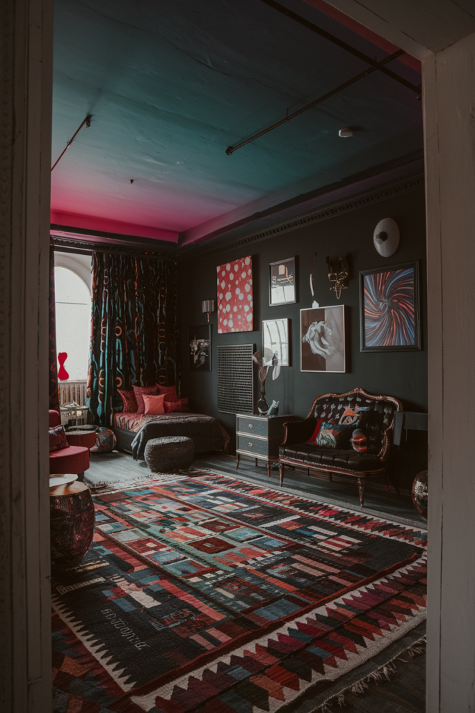 an eclectic maximalist bedroom