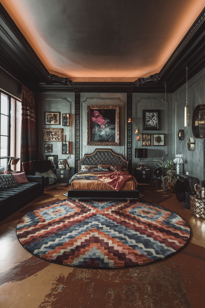 an eclectic maximalist bedroom