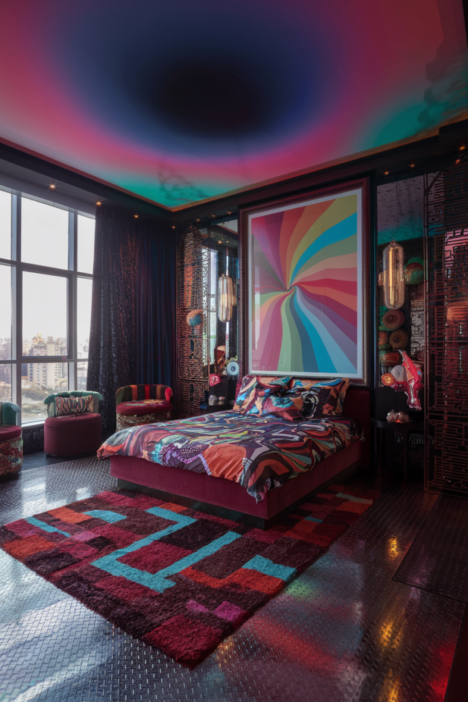 an eclectic maximalist bedroom with oversized decor