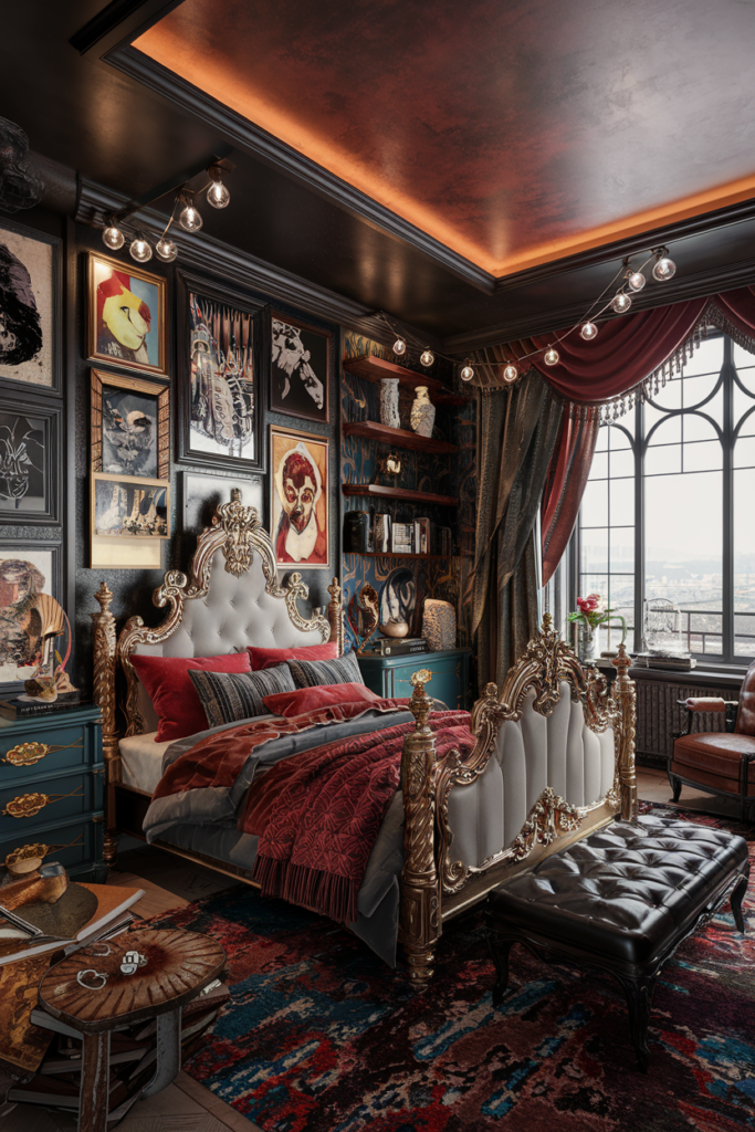 an eclectic maximalist bedroom with gothic western inspiration