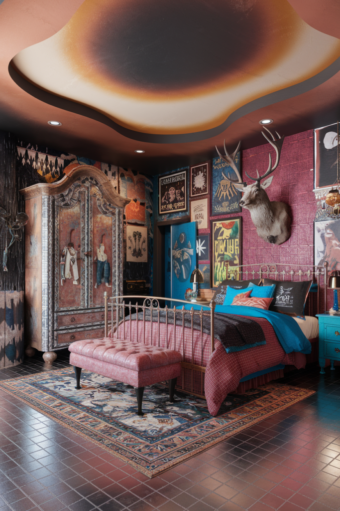 an eclectic maxiamlist bedroom with gothic western infusionan eclectic maxiamlist bedroom with gothic western infusion