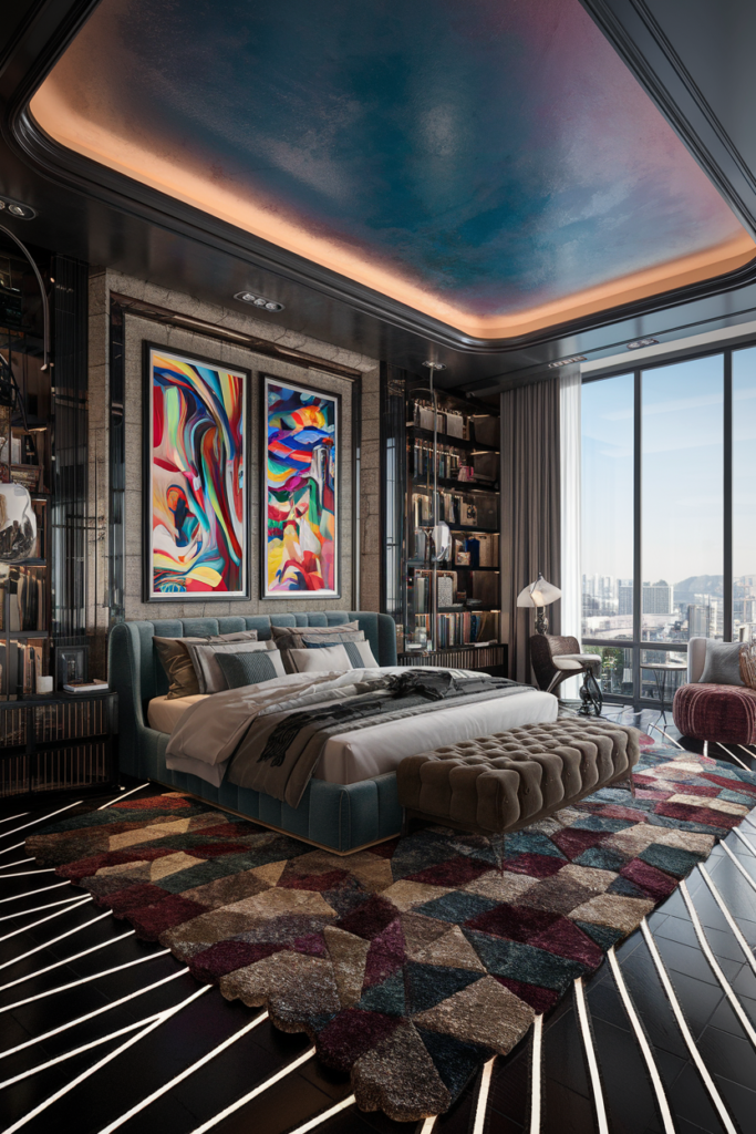 an eclectic maximalist bedroom with oversized decor