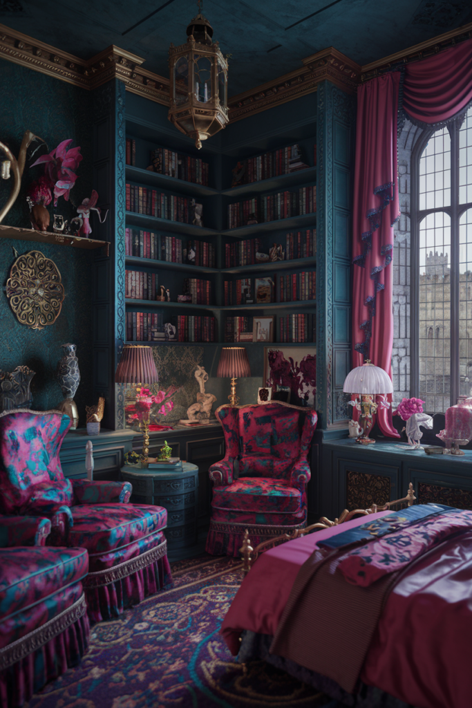 an eclectic moody maximalist bedroom