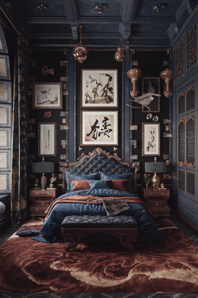 an eclectic maximalist bedroom with chinese and mediteranean styles