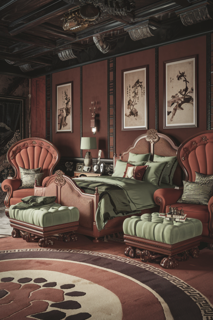 an eclectic maximalist bedroom with chinese and mediteranean styles