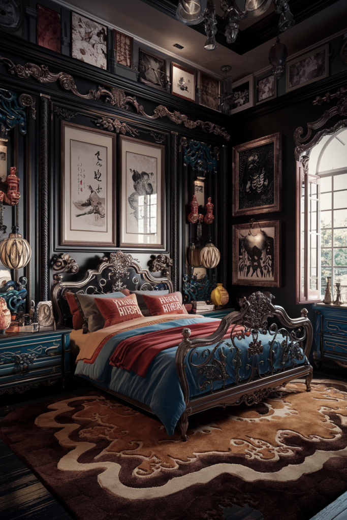 an eclectic maximalist bedroom with chinese and mediteranean styles
