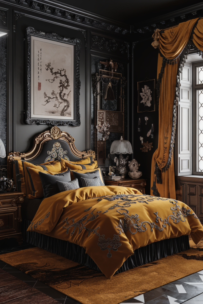 an eclectic maximalist bedroom with chinese and mediteranean styles