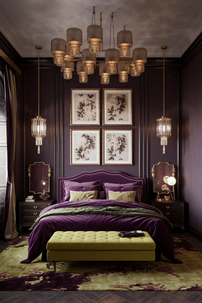 an eclectic maximalist bedroom with chinese and mediteranean styles