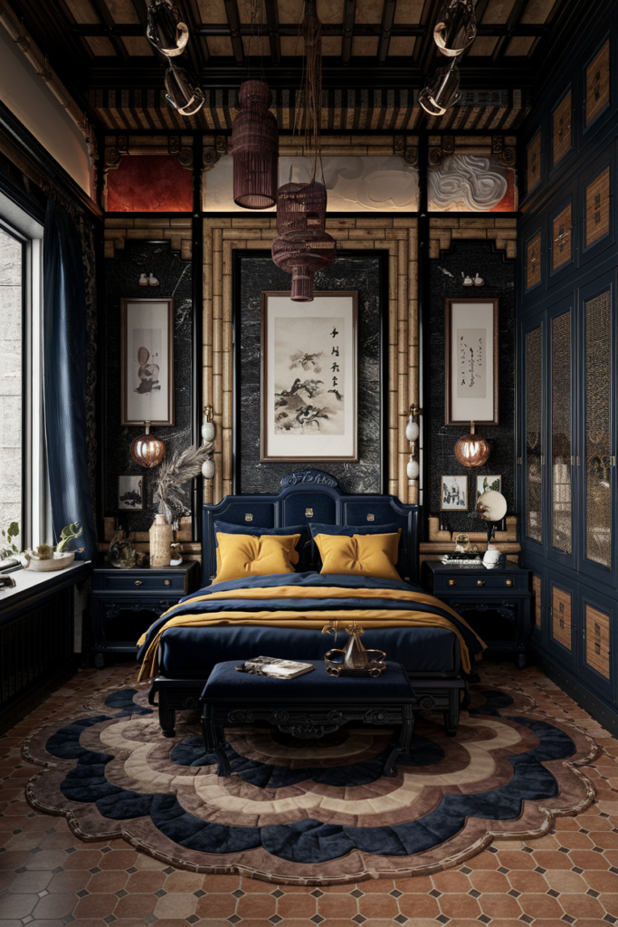 an eclectic maximalist bedroom with chinese and mediteranean styles