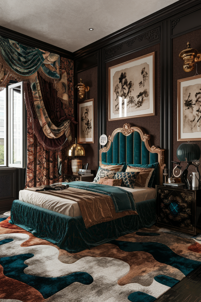 an eclectic maximalist bedroom with chinese and mediteranean styles