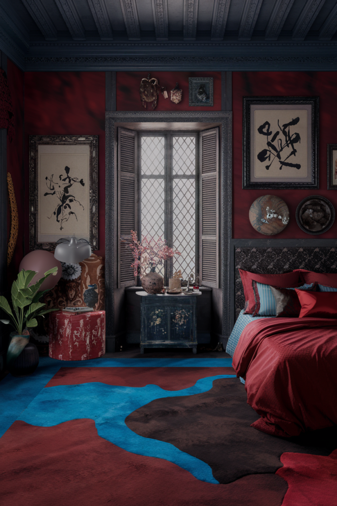 an eclectic maximalist bedroom with chinese and mediteranean styles