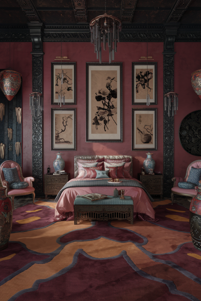 an eclectic maximalist bedroom with chinese and mediteranean styles
