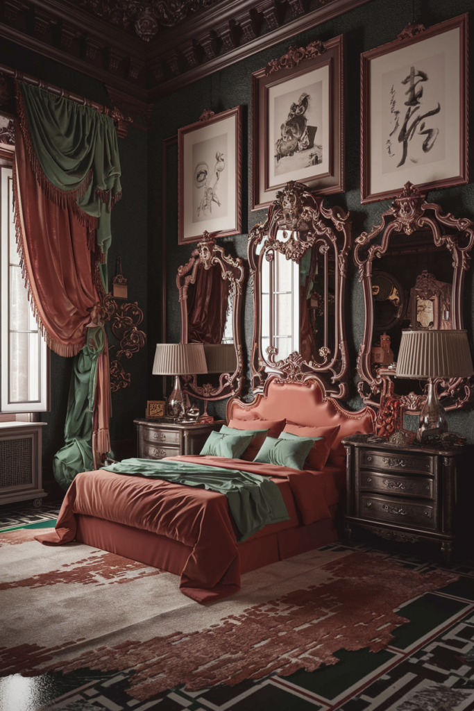 an eclectic maximalist bedroom with chinese and mediteranean styles