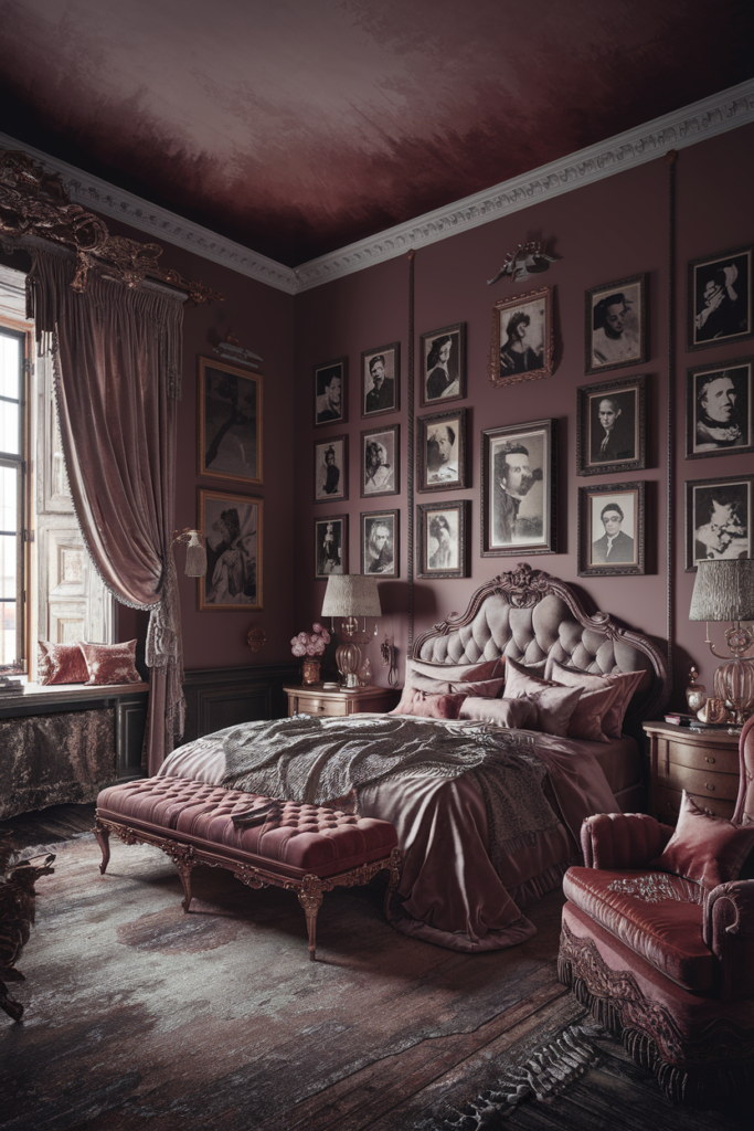 an eclectic moody maximalist bedroom