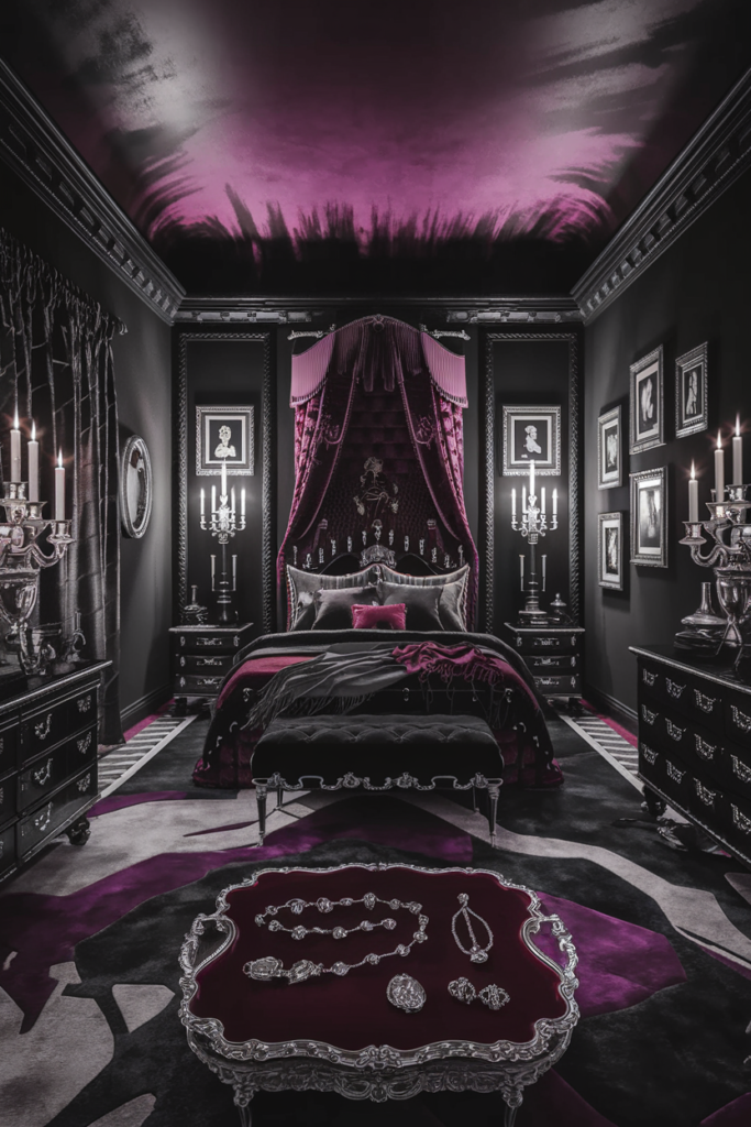 an eclectic moody maximalist bedroom
