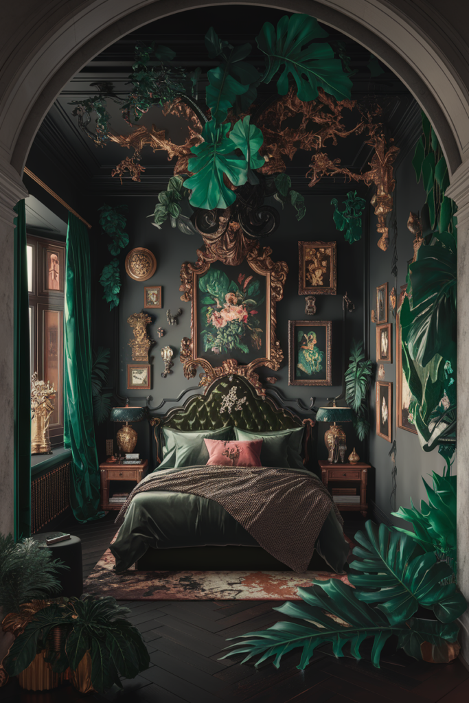 an eclectic moody maximalist bedroom