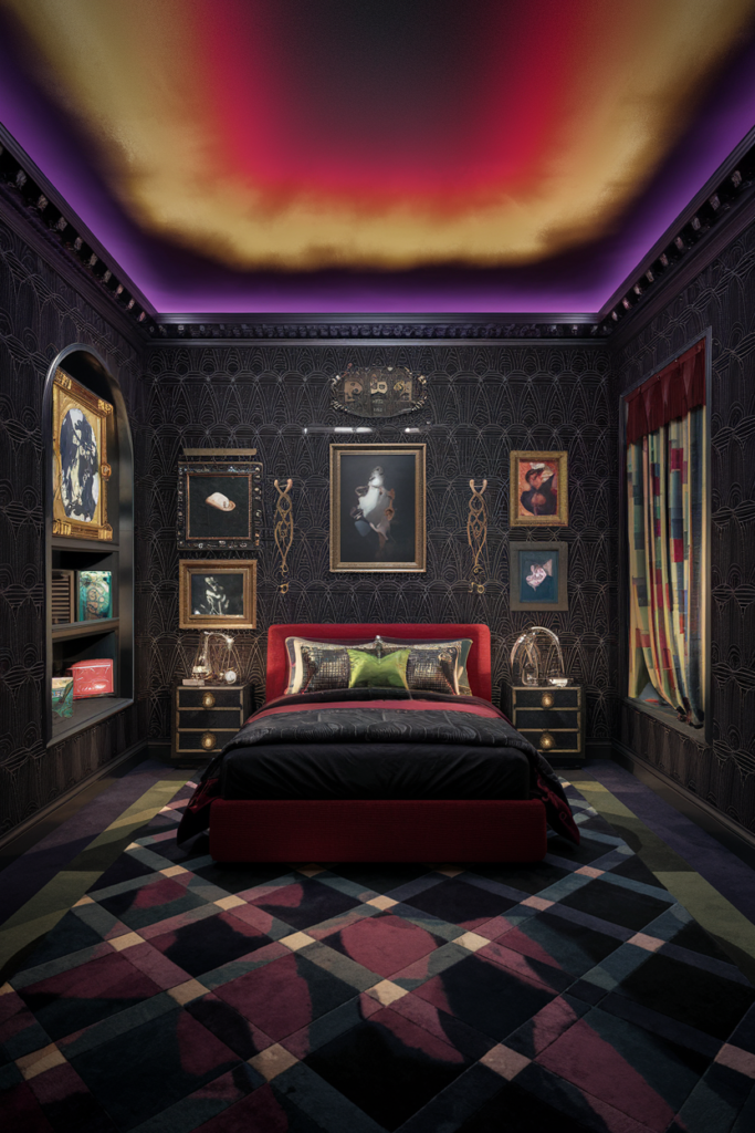 an eclectic moody maximalist bedroom