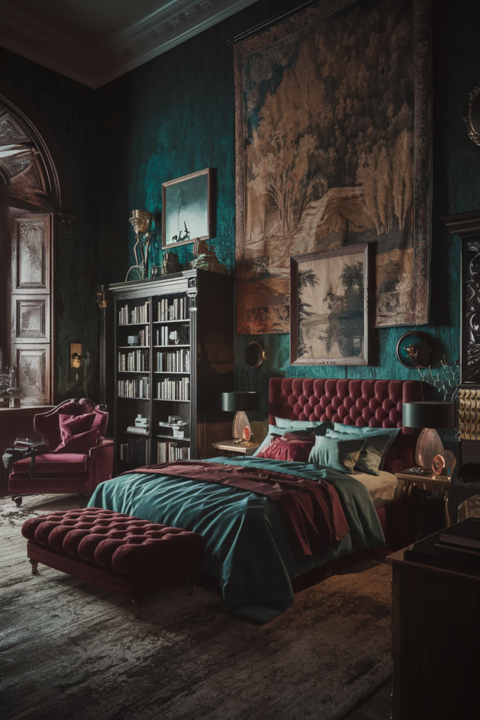 an eclectic moody maximalist bedroom