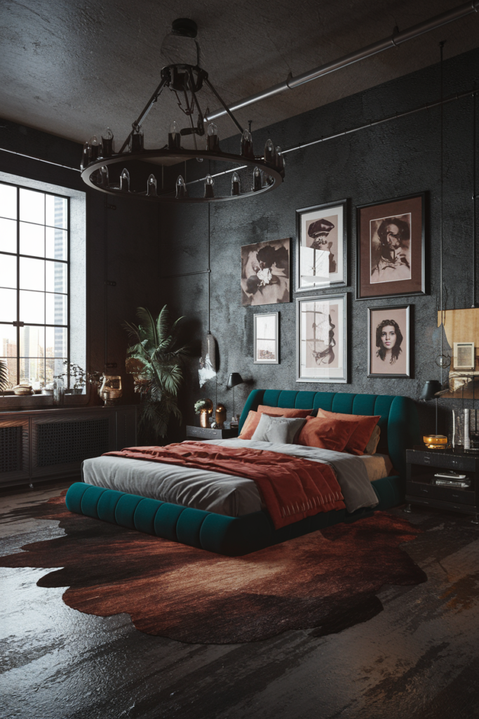 an eclectic moody maximalist bedroom