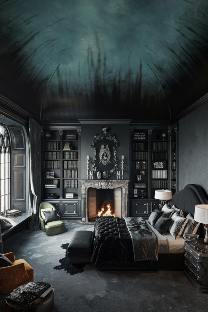 an eclectic moody maximalist bedroom