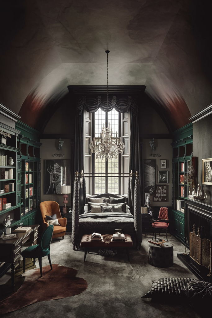 an eclectic moody maximalist bedroom