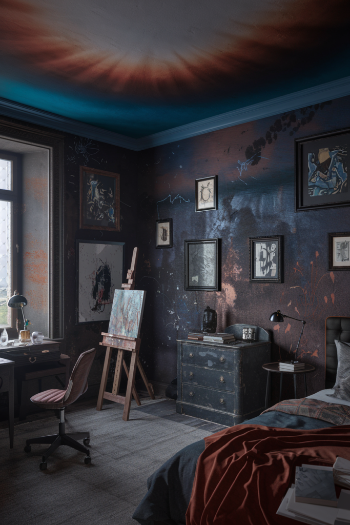 an eclectic moody maximalist bedroom