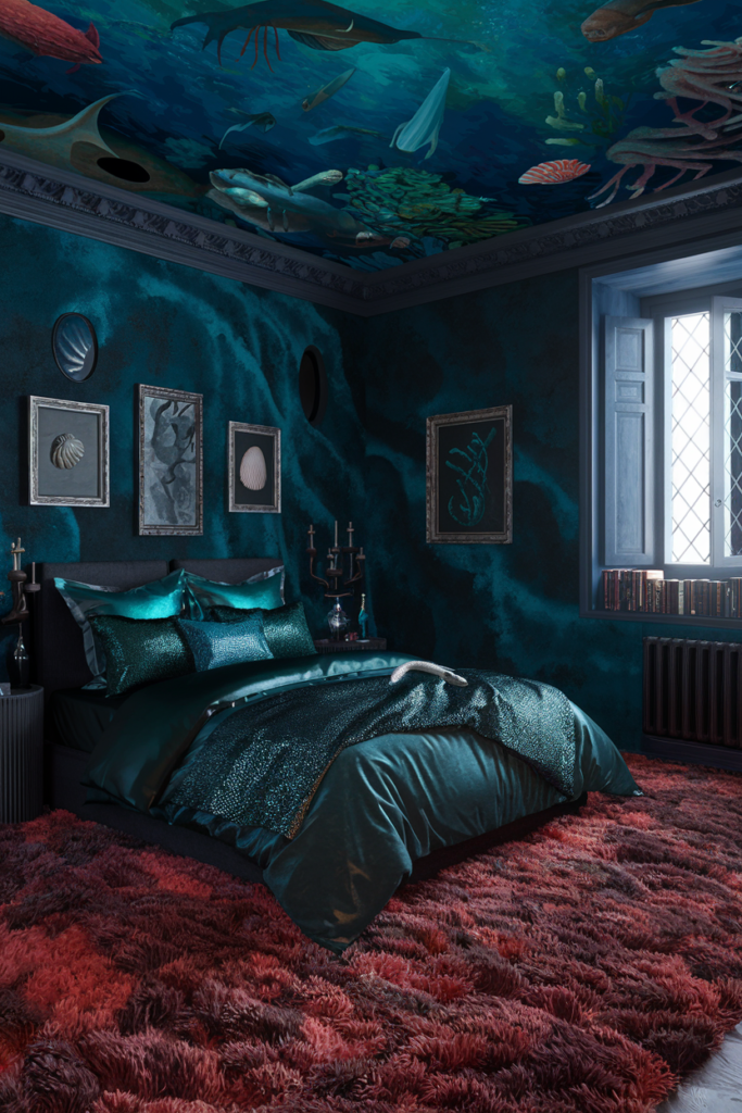 an eclectic moody maximalist bedroom