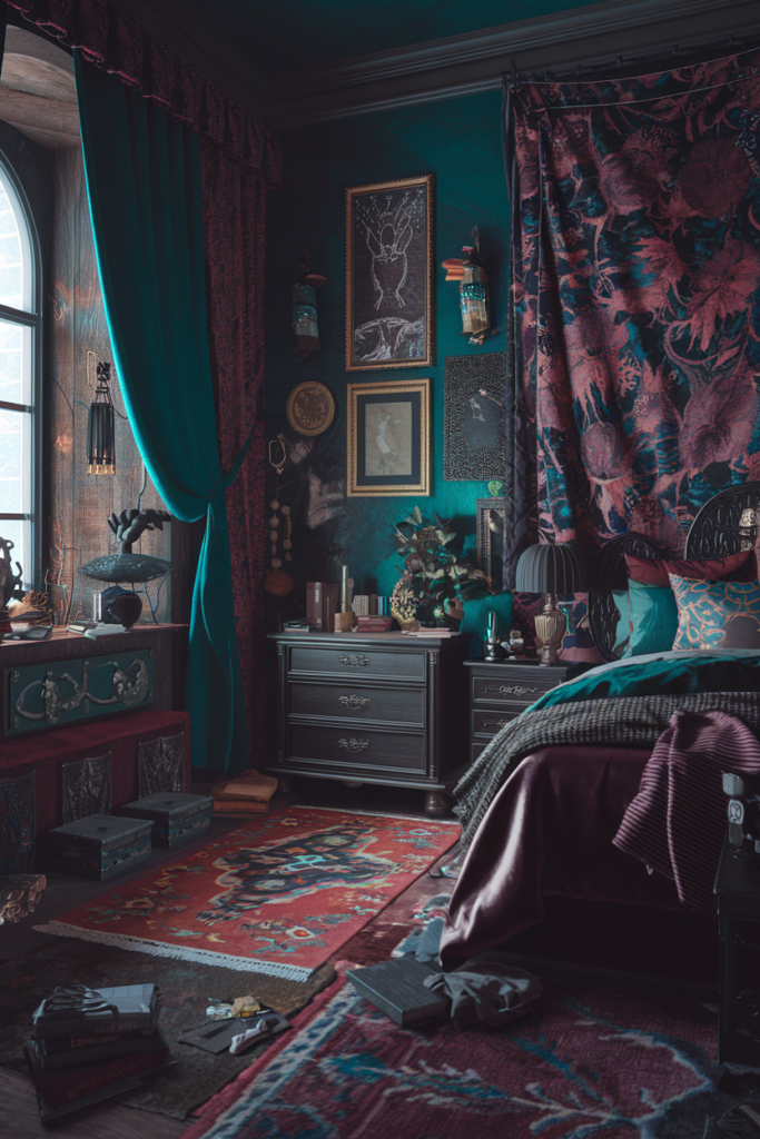 an eclectic moody maximalist bedroom