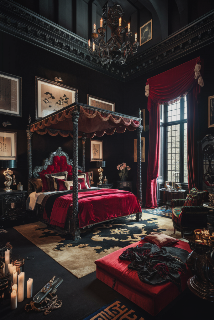 an eclectic moody maximalist bedroom