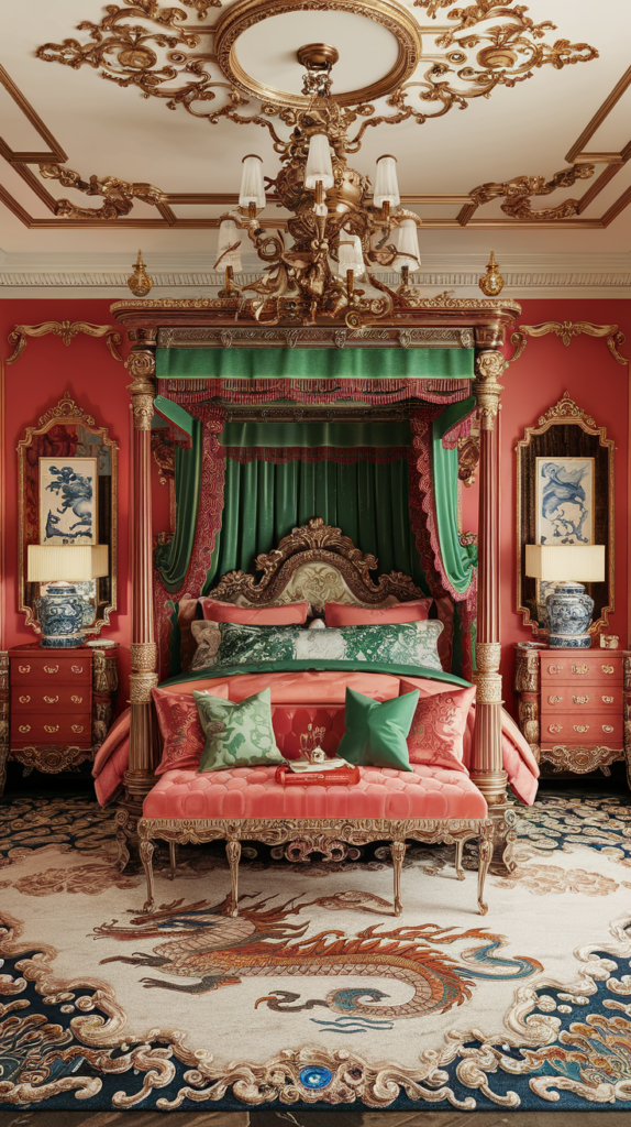 a chinese rococo eclectic maximalist bedroom