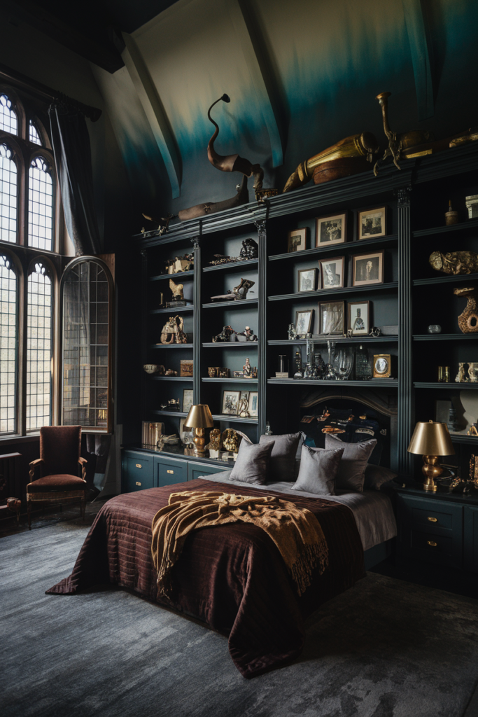 an eclectic moody maximalist bedroom